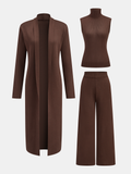 Conjunto de Tres Piezas: Top Cuello Alto, Cárdigan y Pantalón de Punto
