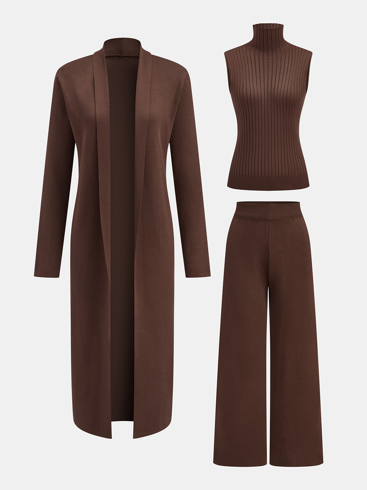 Conjunto de Tres Piezas: Top Cuello Alto, Cárdigan y Pantalón de Punto