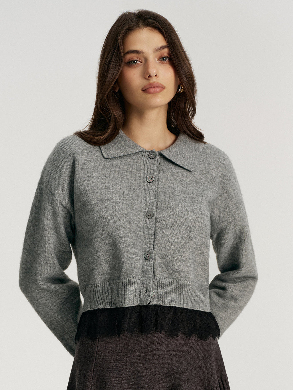 Lace Hem Collared Knit Cardigan