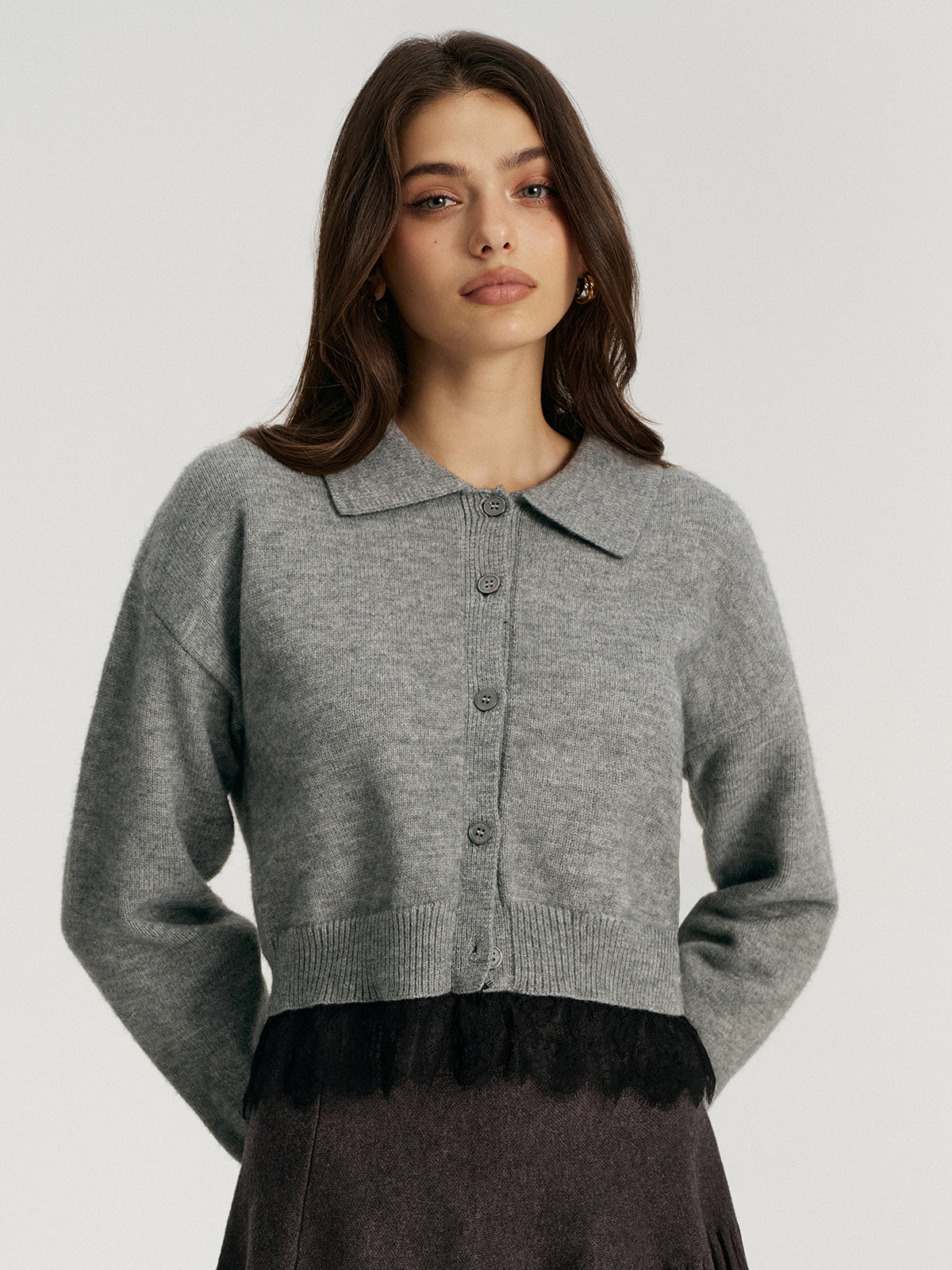 Lace Hem Collared Knit Cardigan