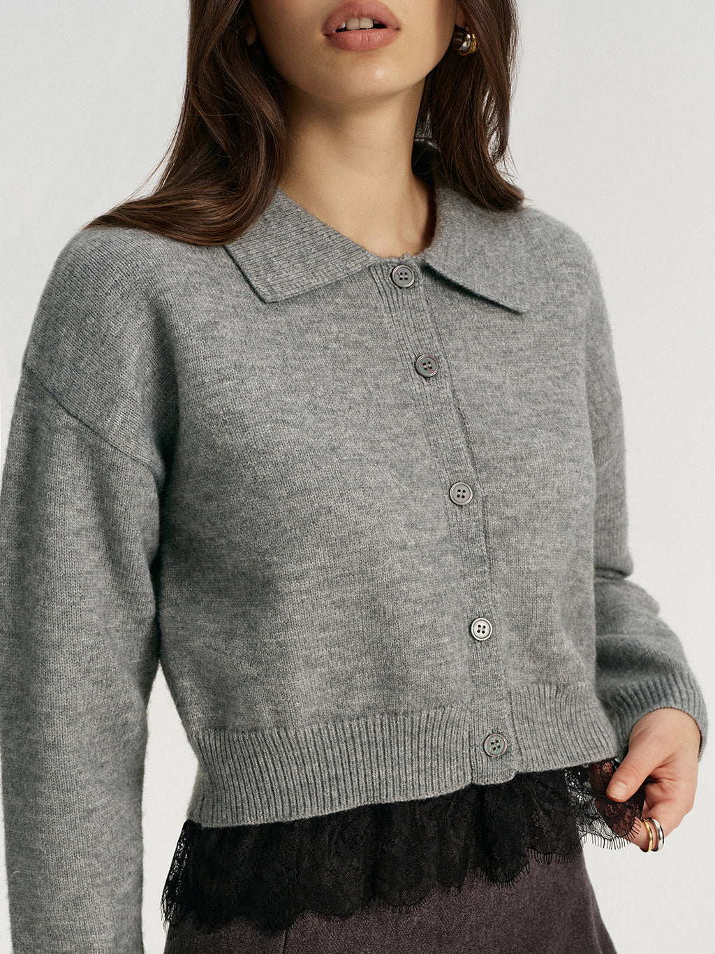 Lace Hem Collared Knit Cardigan