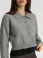 Lace Hem Collared Knit Cardigan