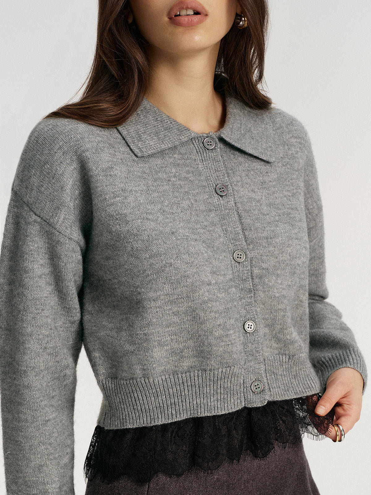 Lace Hem Collared Knit Cardigan