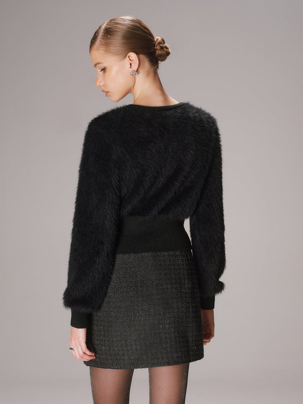 Button-Front Faux Mink Cropped Cardigan