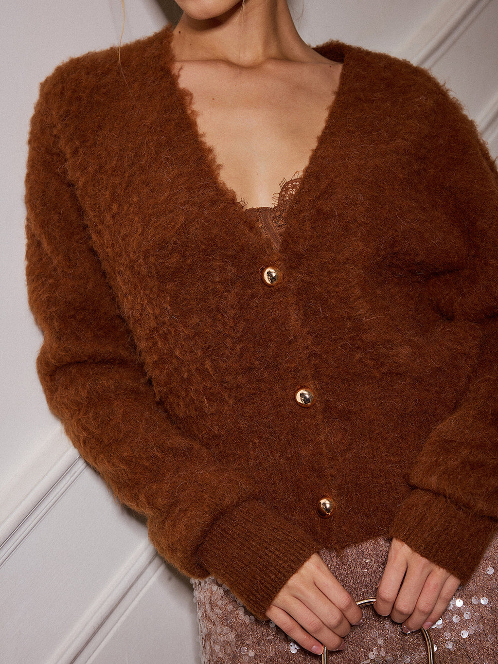 Alpaca Blend V Neck Button Cardigan