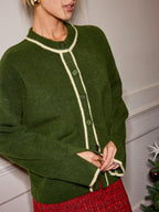 Wool Blend Contrast Trim Button Cardigan
