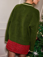 Wool Blend Contrast Trim Button Cardigan