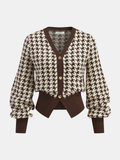 Houndstooth Puff-Sleeve Cropped Knit Cardigan