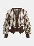 Houndstooth Puff-Sleeve Cropped Knit Cardigan