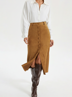 Falda Midi de Efecto Ante con Abertura y Botones Decorativos