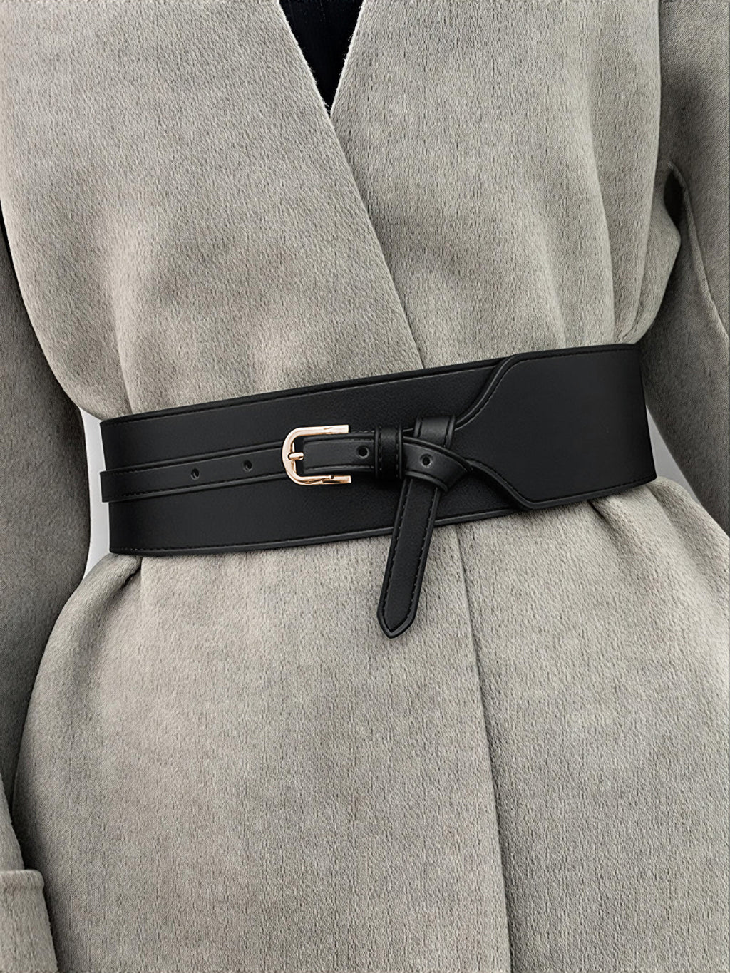 Wide PU Leather Belt with Gold-Tone Buckle