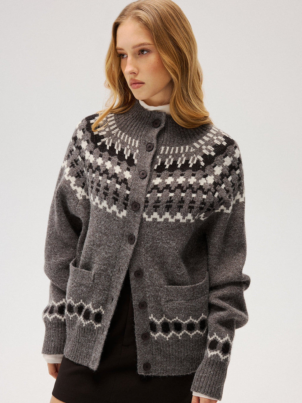 Loose Fair Isle Knit Button Front Cardigan
