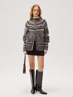 Loose Fair Isle Knit Button Front Cardigan