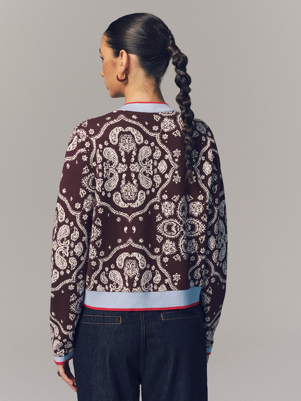 Contrast Trim Paisley Knit Cardigan