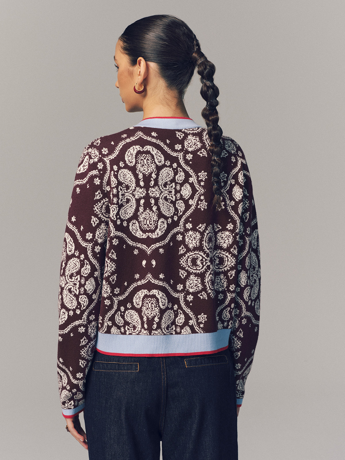 Contrast Trim Paisley Knit Cardigan