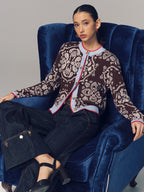 Contrast Trim Paisley Knit Cardigan