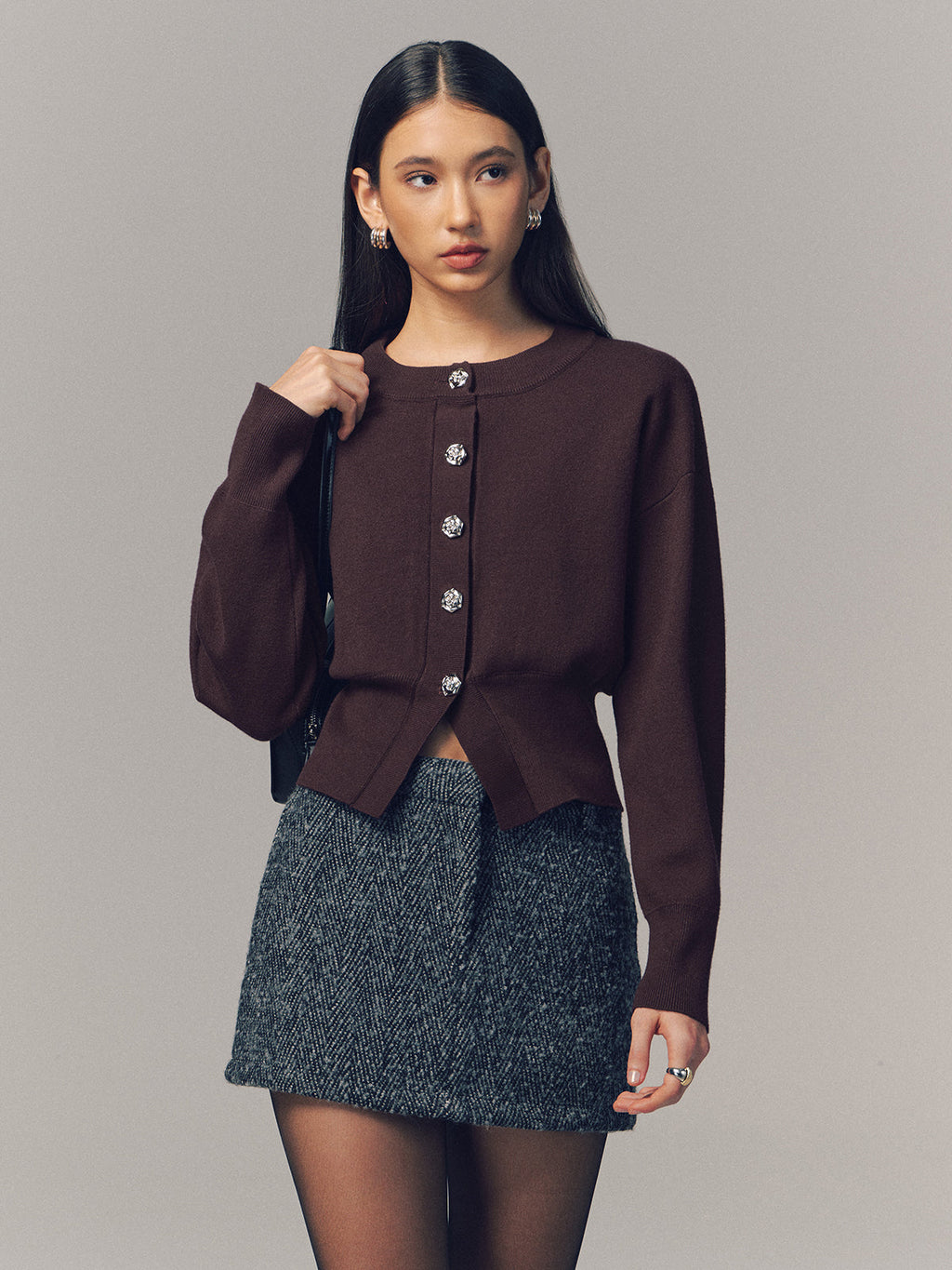 Metal Button Crew Neck Knit Cardigan