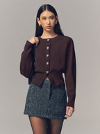 Metal Button Crew Neck Knit Cardigan