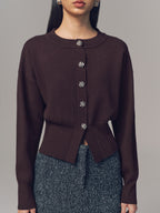 Metal Button Crew Neck Knit Cardigan