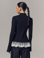 Ribbed Mock Neck Lace Trim Cardigan