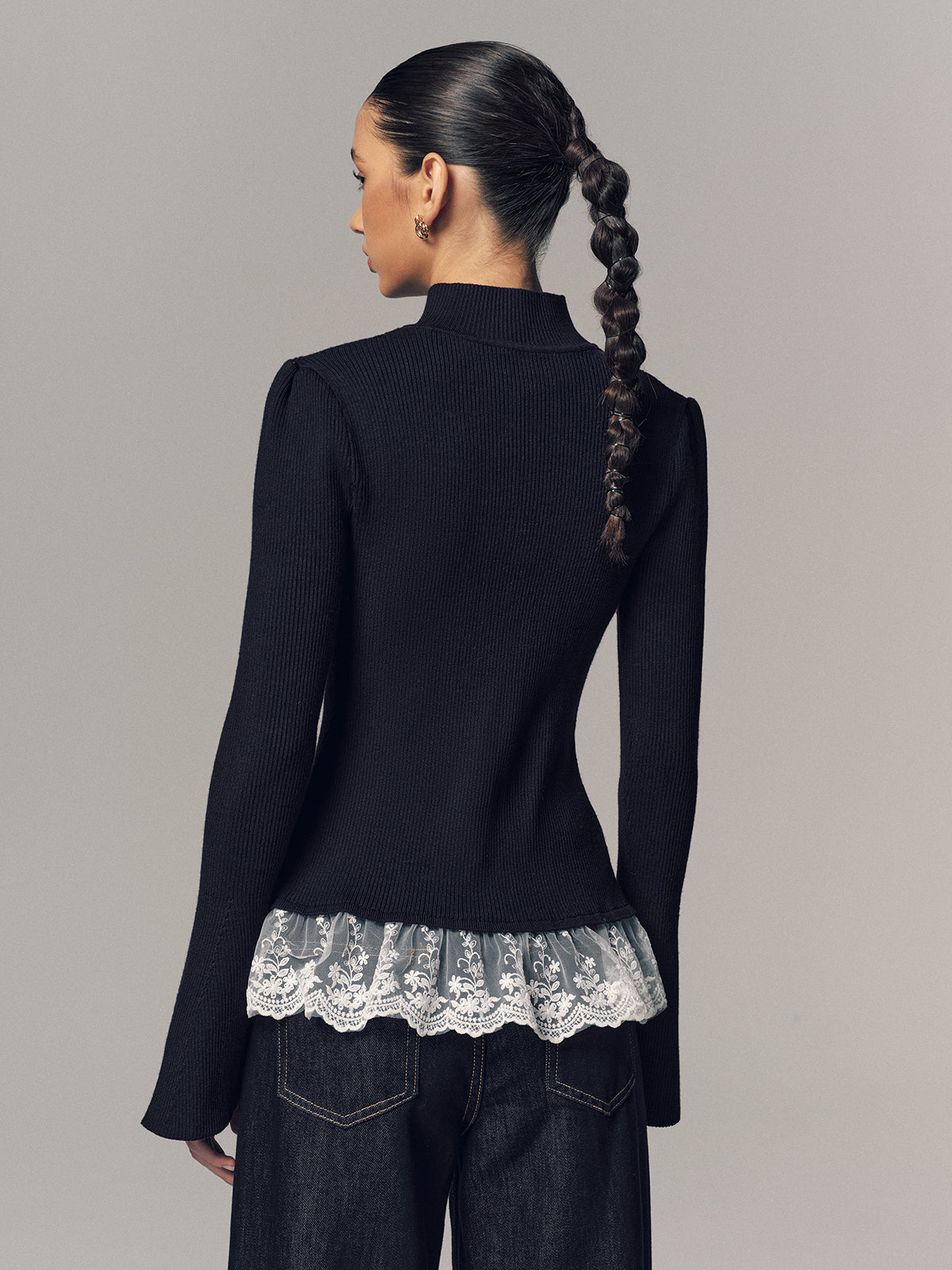 Ribbed Mock Neck Lace Trim Cardigan