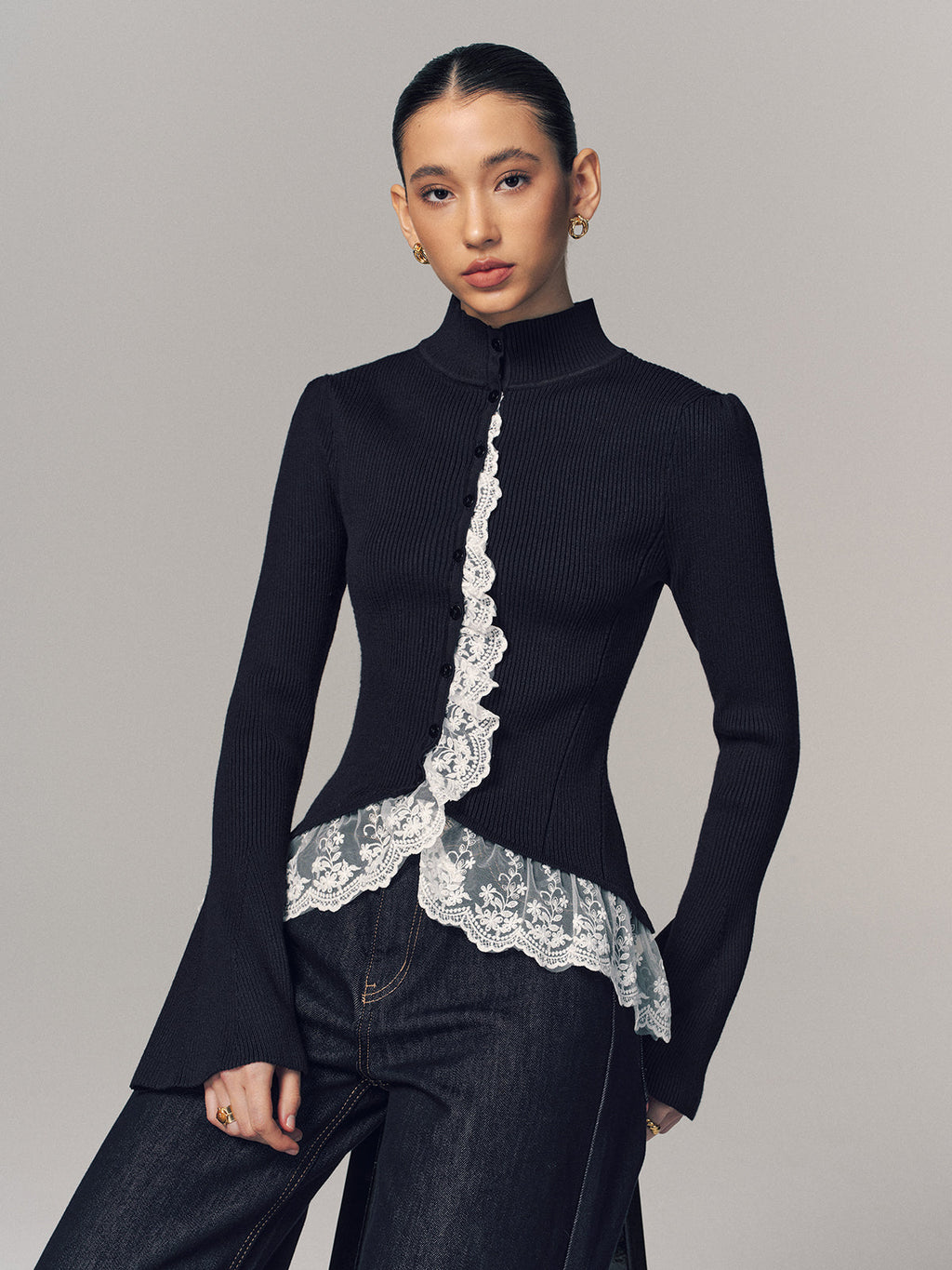 Ribbed Mock Neck Lace Trim Cardigan