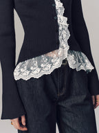Ribbed Mock Neck Lace Trim Cardigan