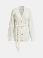 Belted Cable-Knit Cardigan with Metal Button Detail