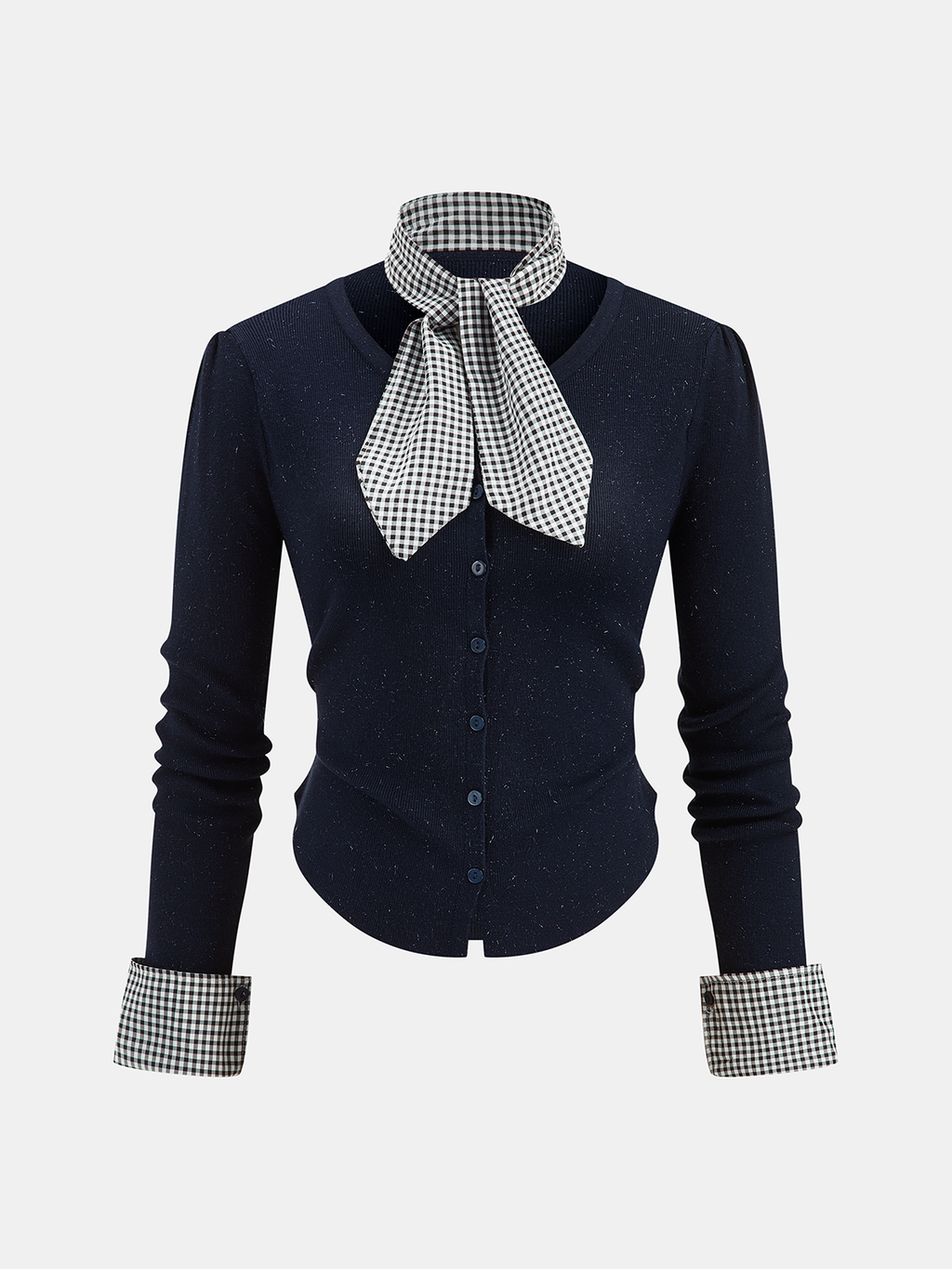 Gingham Cuff Button Front Cardigan with Scarf