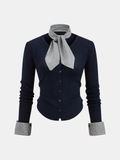 Gingham Cuff Button Front Cardigan with Scarf