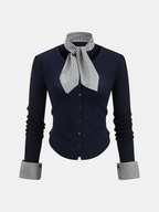 Gingham Cuff Button Front Cardigan with Scarf