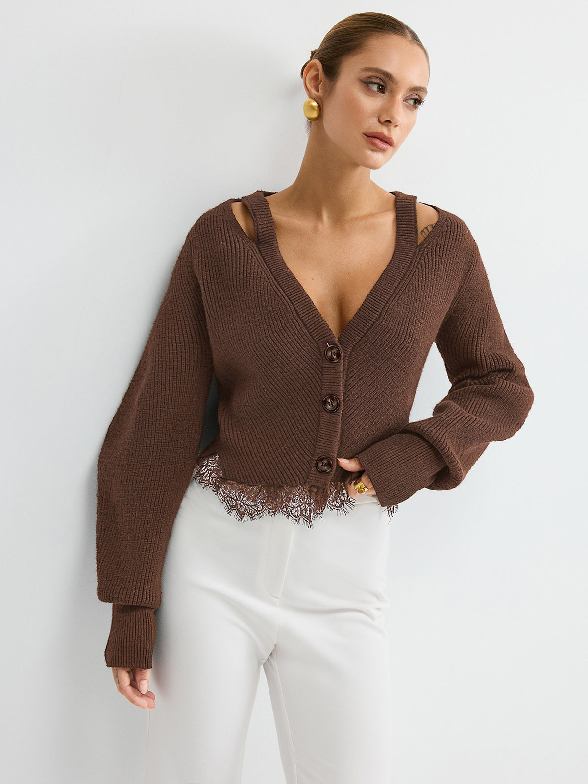 Lace Hem Wool Blend Cardigan