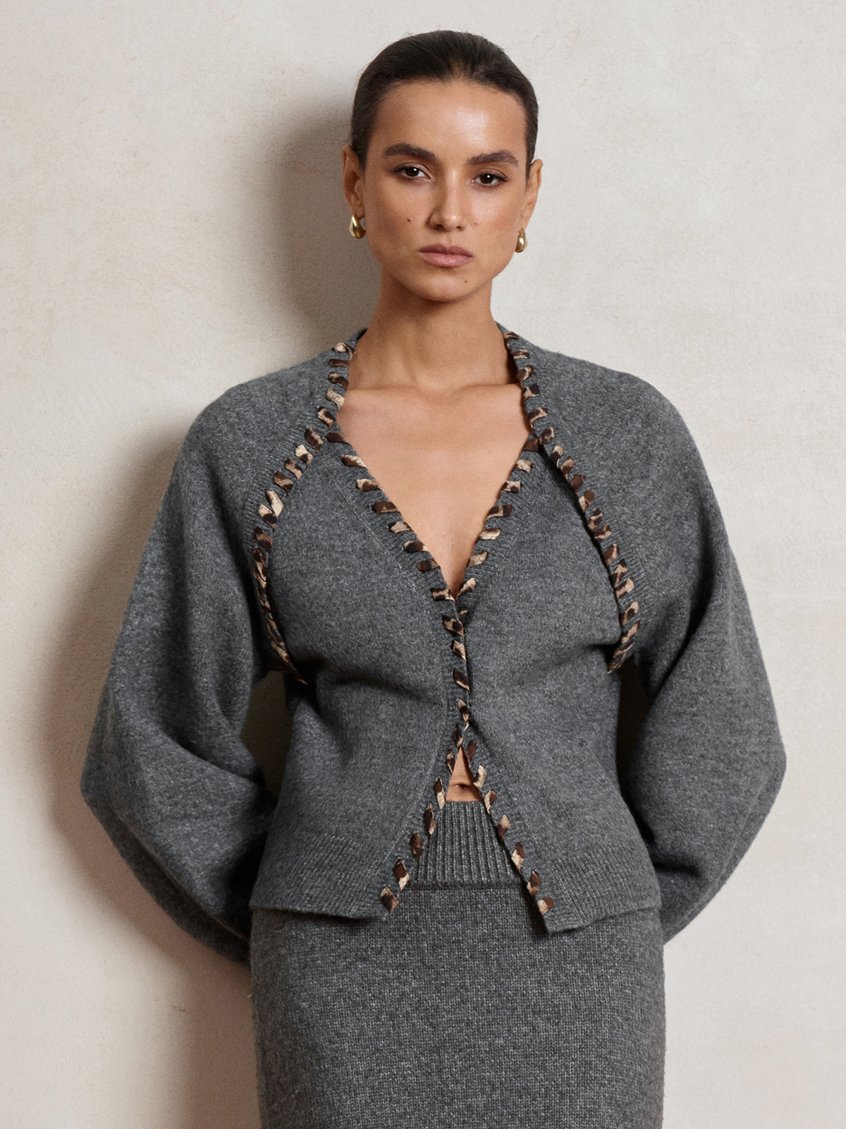 Lace-Up Trim V-Neck Cardigan