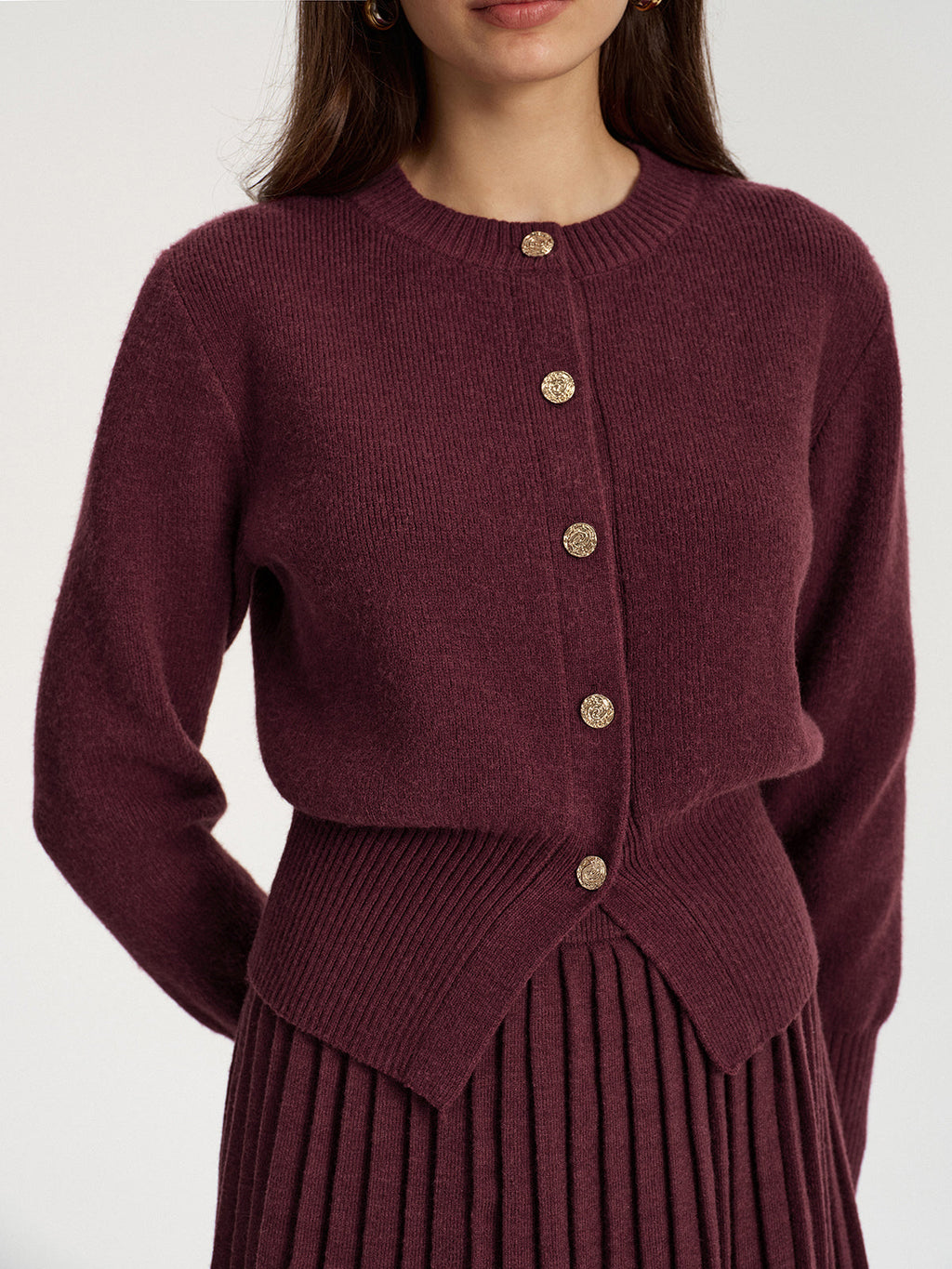 Metal Button Cardigan and Pleated Mini Skirt Set
