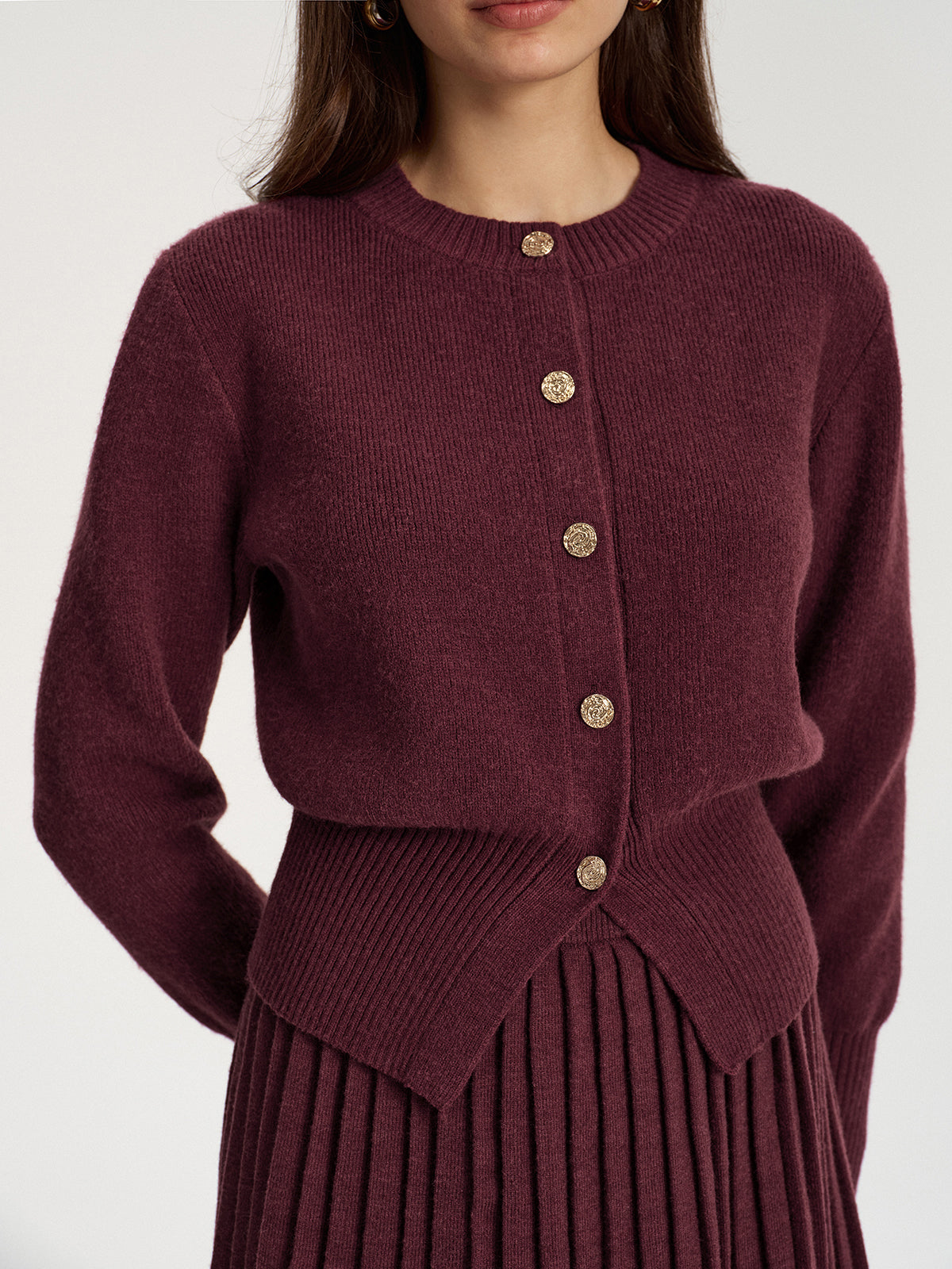 Metal Button Cardigan and Pleated Mini Skirt Set