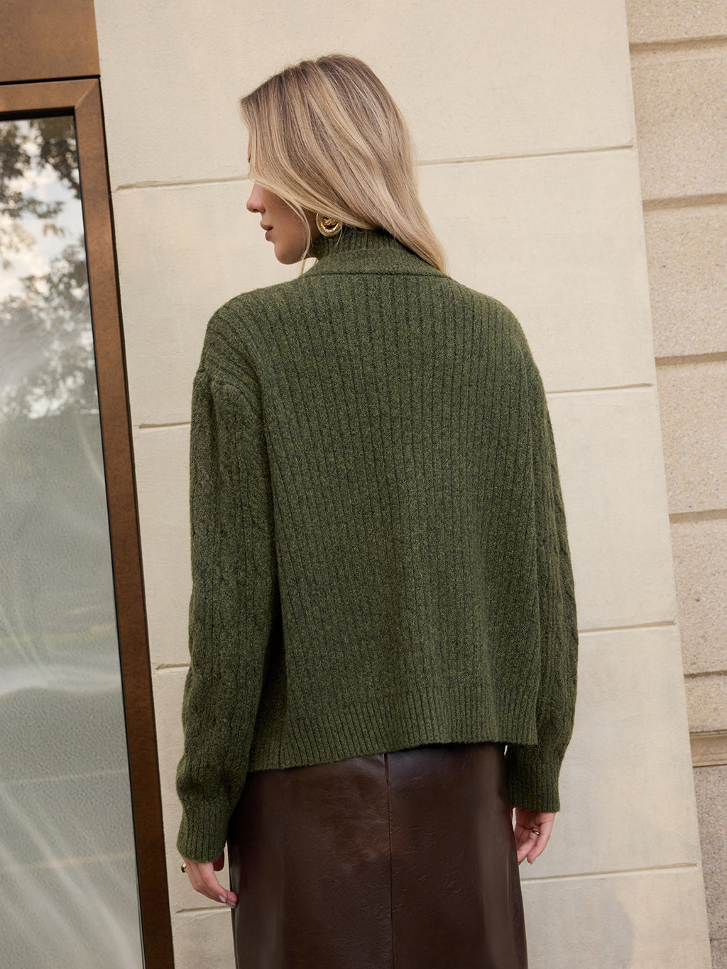 Turtleneck Cable Knit Top & Cardigan Two-Piece Set