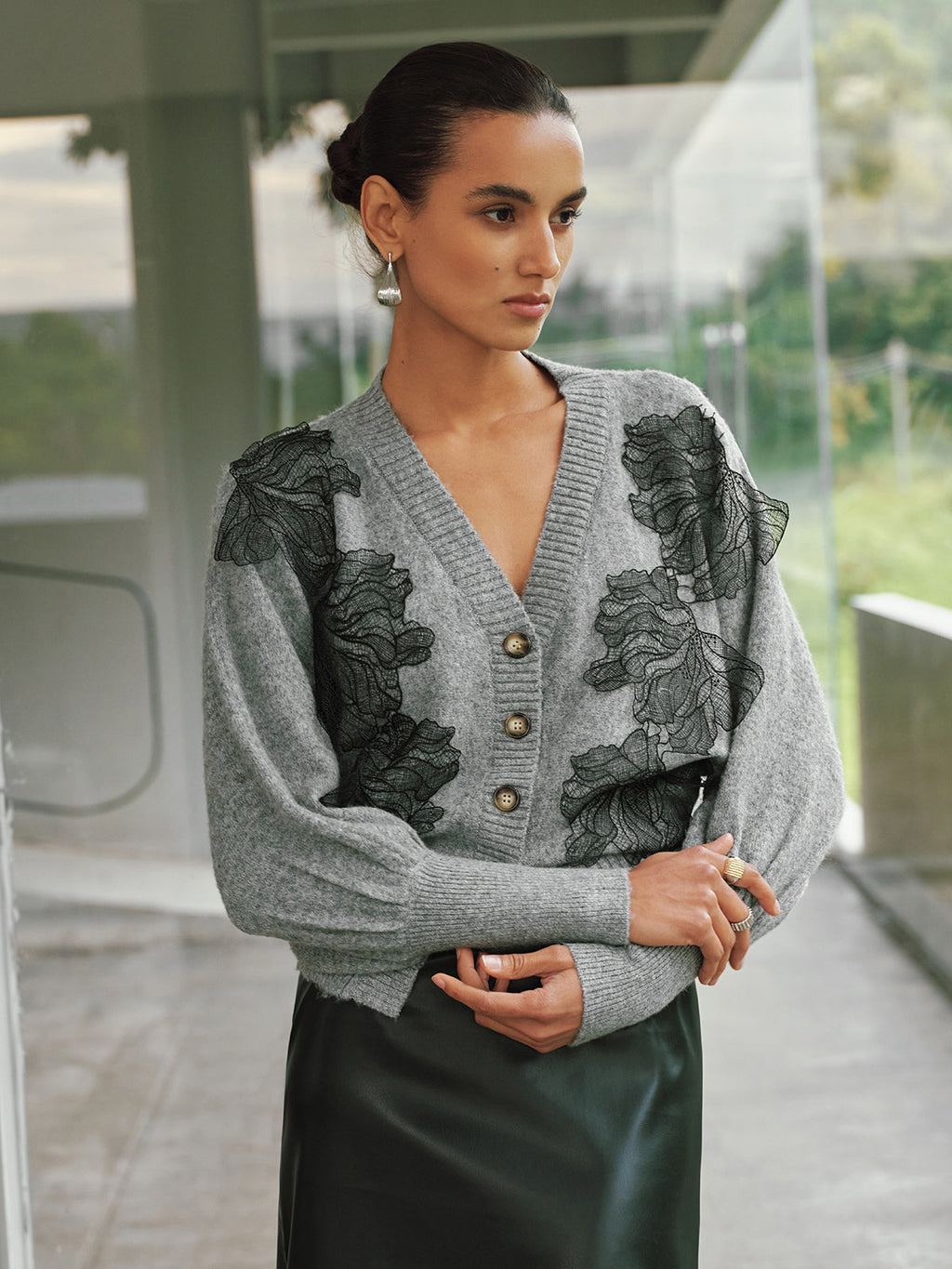 V-Neck Lace Flower Button Cardigan