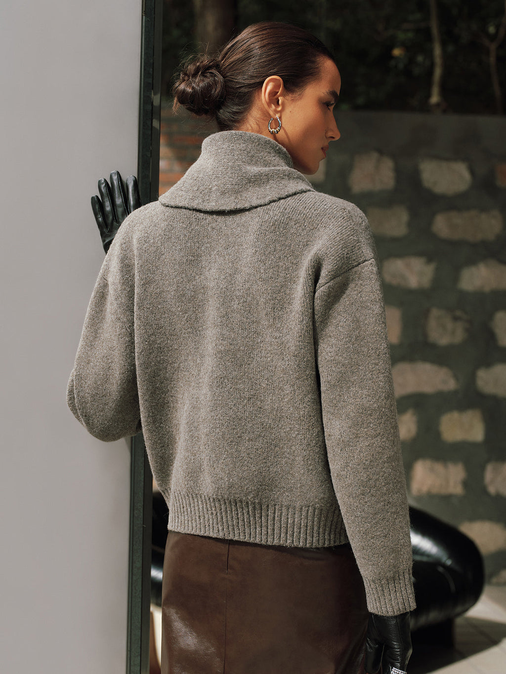 Button-Front Knit Cardigan with Scarf
