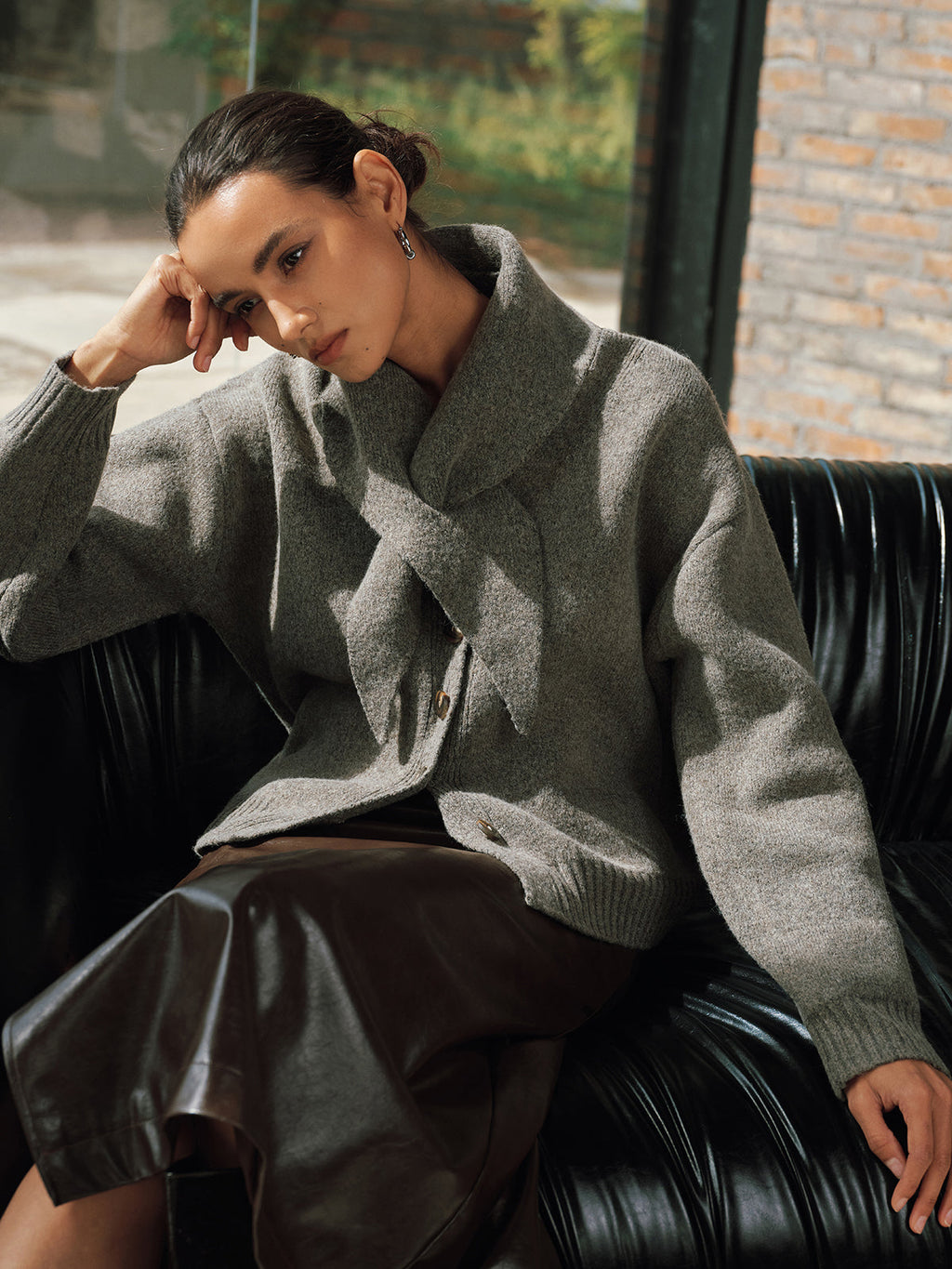 Button-Front Knit Cardigan with Scarf