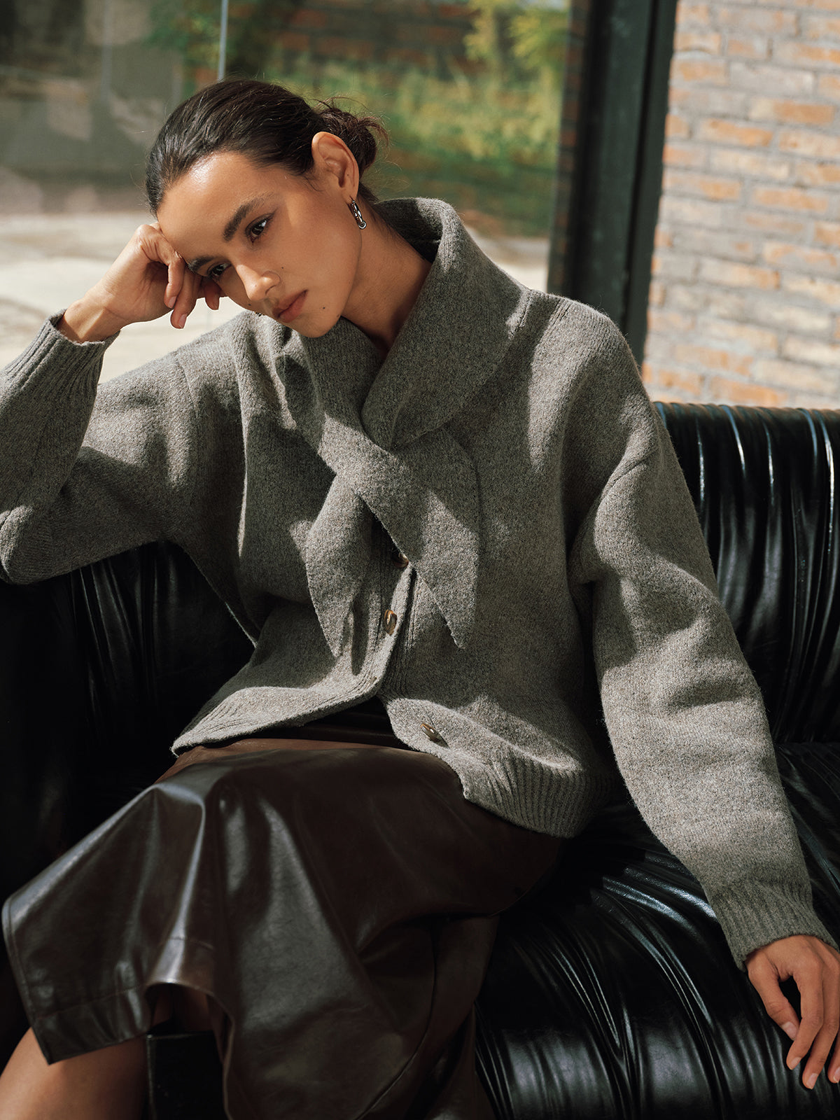 Button-Front Knit Cardigan with Scarf