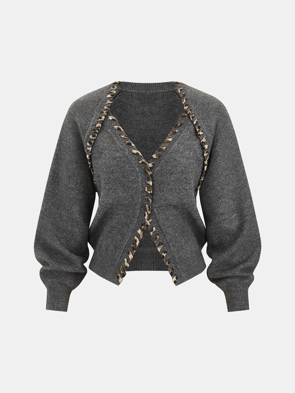 Lace-Up Trim V-Neck Cardigan