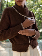 Scalloped Trim Wool-Blend Knit Cardigan