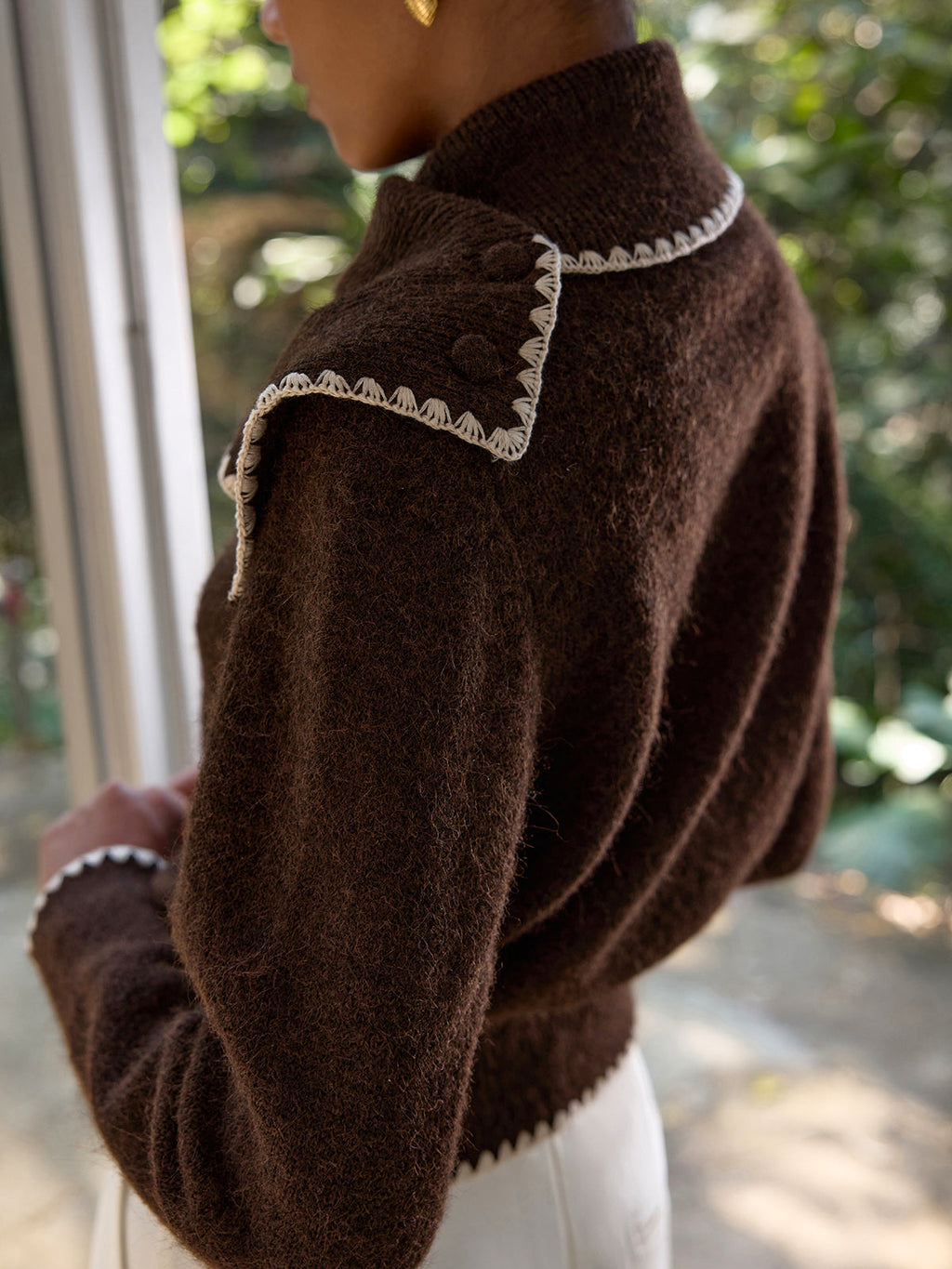 Scalloped Trim Wool-Blend Knit Cardigan