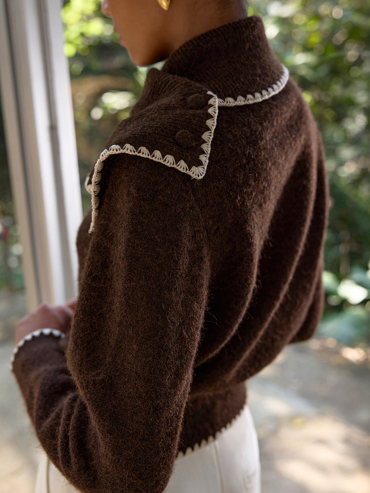 Scalloped Trim Wool-Blend Knit Cardigan