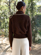 Scalloped Trim Wool-Blend Knit Cardigan