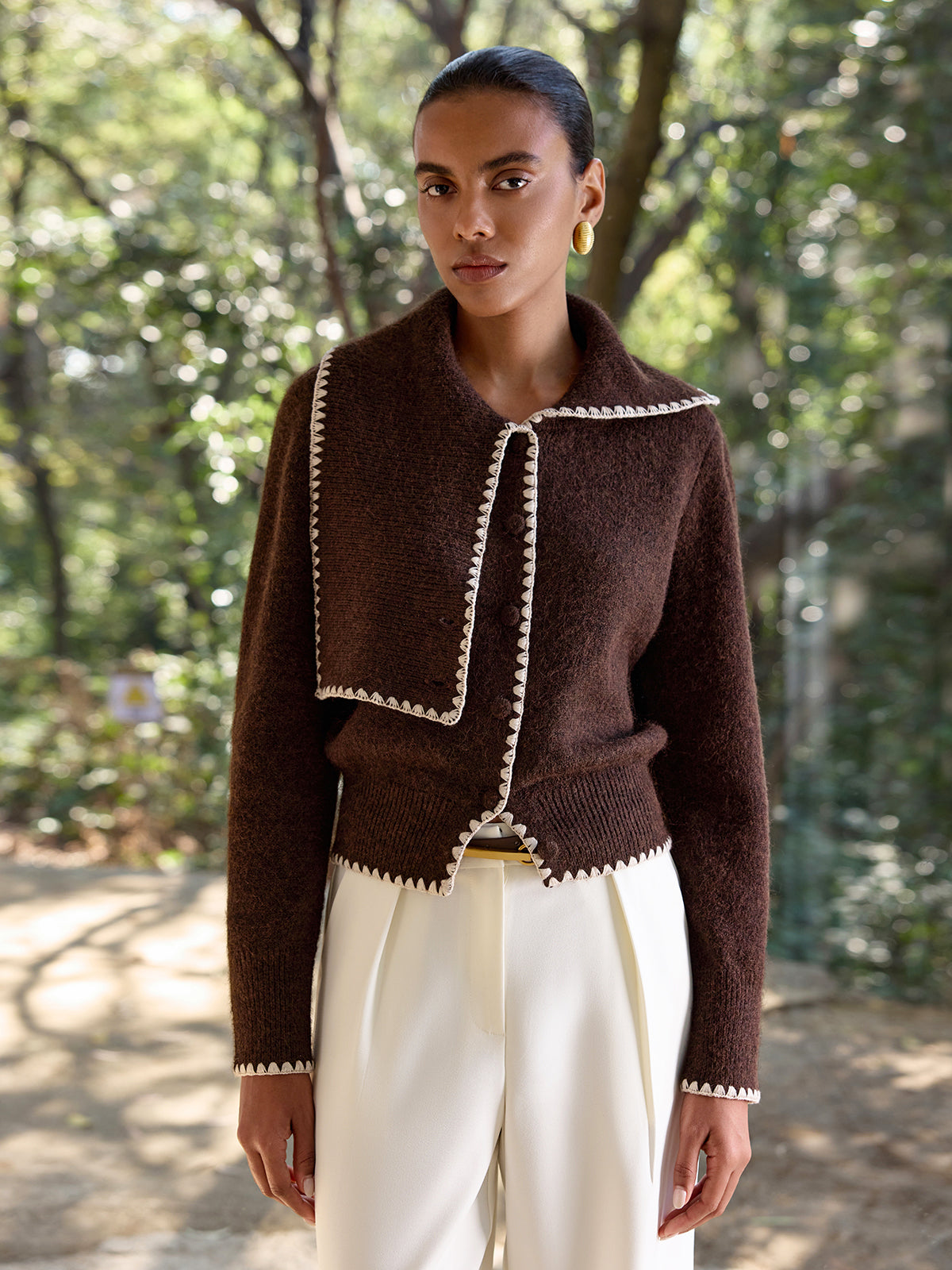 Scalloped Trim Wool-Blend Knit Cardigan