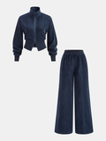 Conjunto de Chaqueta de Terciopelo con Cremallera y Pantalón Ancho