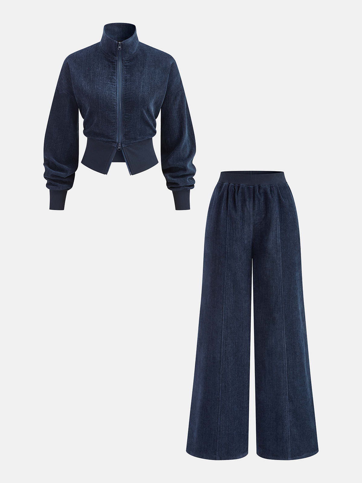 Conjunto de Chaqueta de Terciopelo con Cremallera y Pantalón Ancho