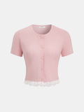 Ribbed Lace-Trim Short-Sleeve Cardigan
