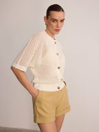 Metal Button Openwork Knit Cardigan